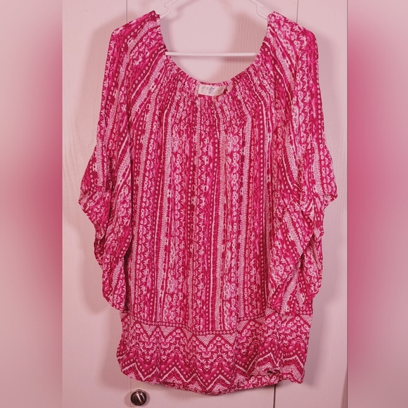 Terra & Sky Fucshia Printed Ruffle Bell Sleeve Size 2X Tunic Top Flowy Boho - Picture 10 of 10